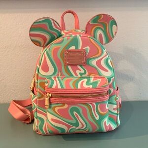 Disney | Loungefly Backpack Mickey Swirls Green Pink Tie Dye Bag Gold Zipper